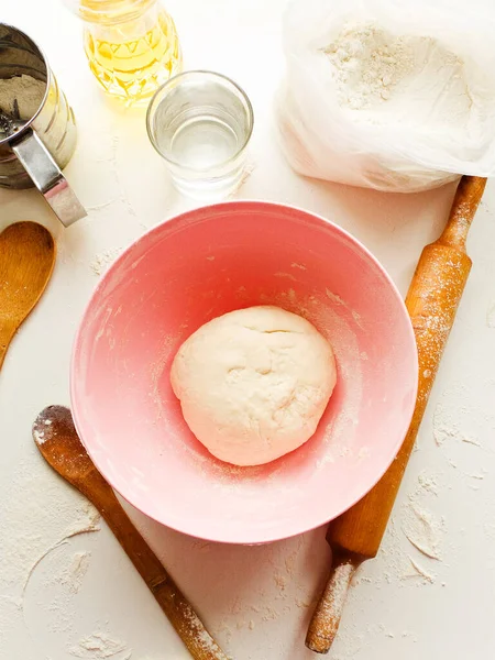 Dough Kneading Set Ingredients Preparation Baking Shallow Dof — Foto de Stock