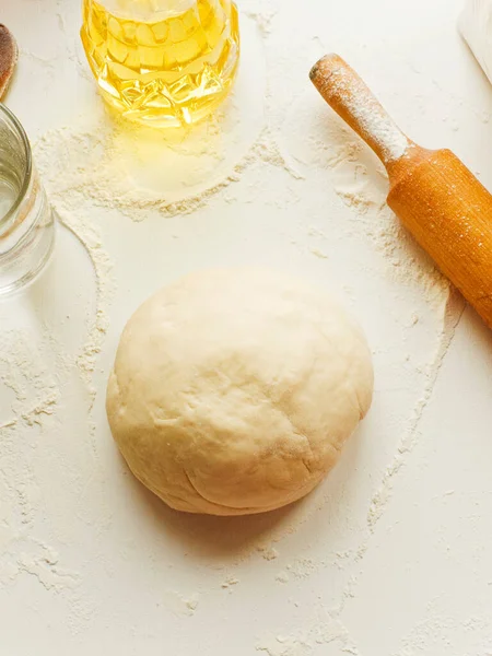 Dough Kneading Set Ingredients Preparation Baking Shallow Dof — Stock Photo, Image