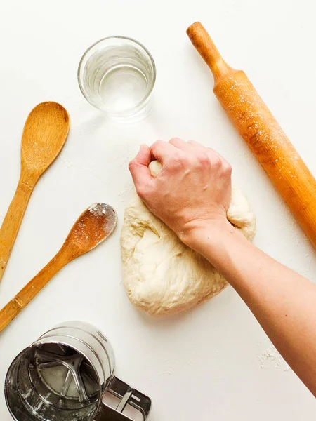 Dough Kneading Set Ingredients Preparation Baking Shallow Dof — Stockfoto