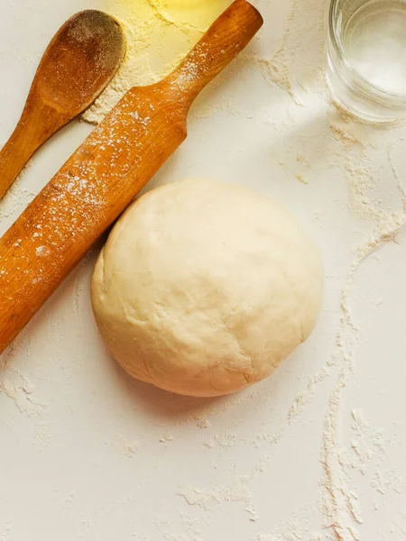 Dough Kneading Set Ingredients Preparation Baking Shallow Dof — Stockfoto
