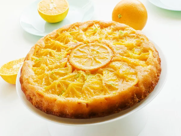 Fresh Baked Orange Upside Cake White Background Shallow Dof — Stock Photo, Image