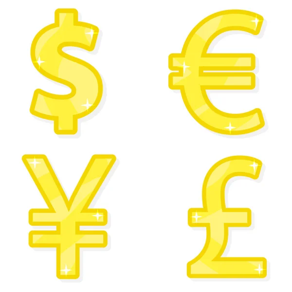 Världsvaluta Uppsättning Gyllene Symboler Dollar Yen Euro Pund Vektor — Stock vektor