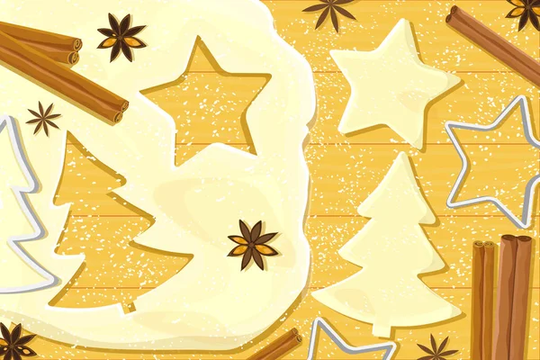Fundo Cozimento Natal Ilustração Vetorial Massa Cortadores Biscoitos Especiarias — Vetor de Stock