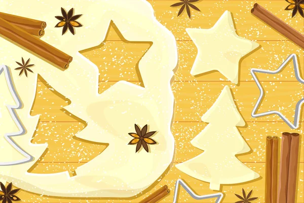 Fondo Para Hornear Navidad Ilustración Vectorial Masa Cortadores Galletas Especias — Archivo Imágenes Vectoriales