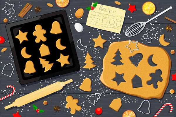 Biscoitos Gengibre Natal Fazendo Vetor Ilustração Massa Cortadores Especiarias Nozes — Vetor de Stock