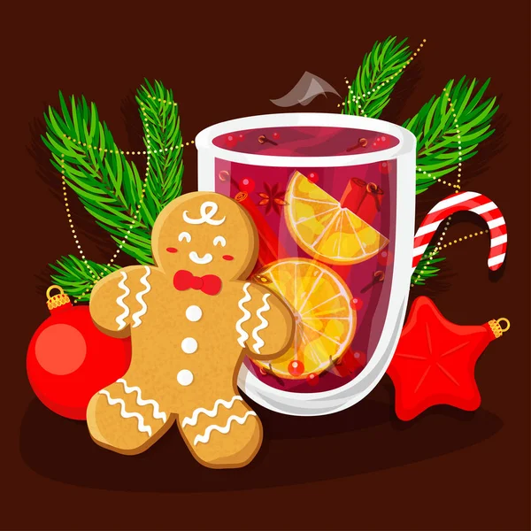 Glas Glögg Vin Och Pepparkakor Man Kaka Jul Vektor Illustration — Stock vektor