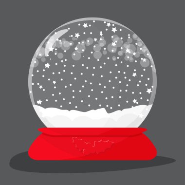İçinde kar taneleri ve yıldızlar olan boş Noel cam kar küresi. Şablon vektör çizimi düz.