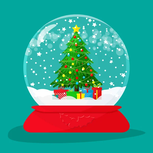 Árbol Navidad Bola Nieve Con Decoraciones Interior Ilustración Vectorial Plana — Archivo Imágenes Vectoriales