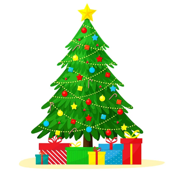 Decorado Con Juguetes Árbol Navidad Cajas Regalo Aisladas Blanco Ilustración — Vector de stock