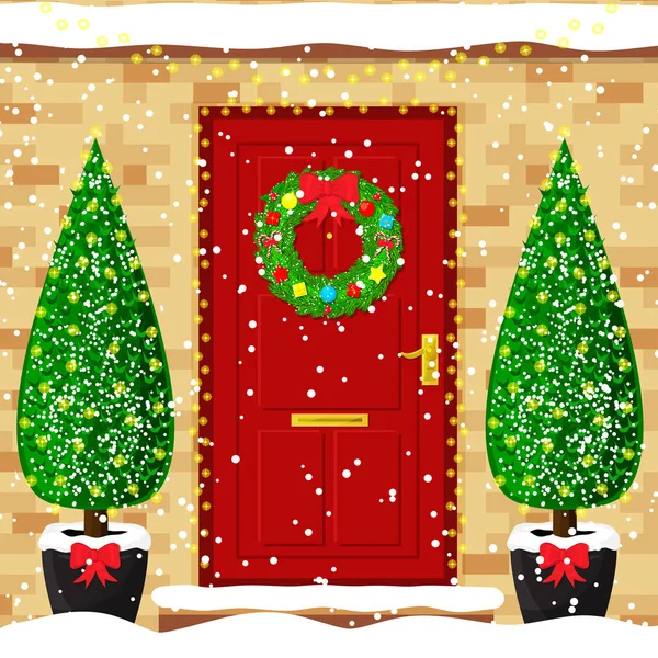 Είσοδος Στο Προαστιακό Σπίτι Πόρτα Διακοσμημένη Χριστουγεννιάτικο Στεφάνι Στολίδια Φώτα — Διανυσματικό Αρχείο