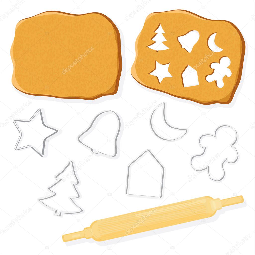 Set of gingerbread dough, cookie cutters and rolling pin isolated on white. Vector illustration flat.