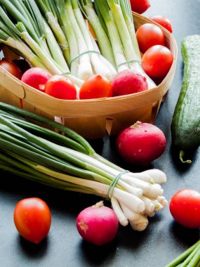 Mevsimlik diyet ve beslenme, sağlıklı beslenme, organik tarım ve taze sebzeler. Taze kırmızı kiraz domatesleri, yeşil pırasa, turp ve salatalık sepeti arka planda, sebzelerin üst görüntüsü.