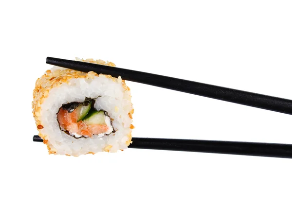 Sushi roll in chopsticks Isolated on white — Stock Photo, Image