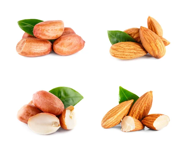 Almonds nuts and peanuts with green leaf. Set Isolated on a white background. Royalty Free Stock Images