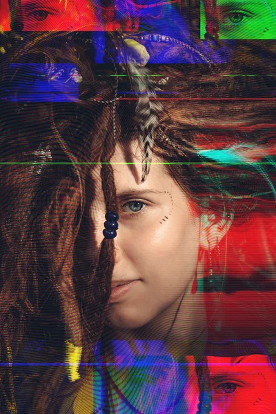 Glitched porträtt av flicka med dreadlocks — Stockfoto