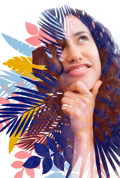 Half smiling thoughtful young woman with curly hair holding her chin combined with a digital illustration