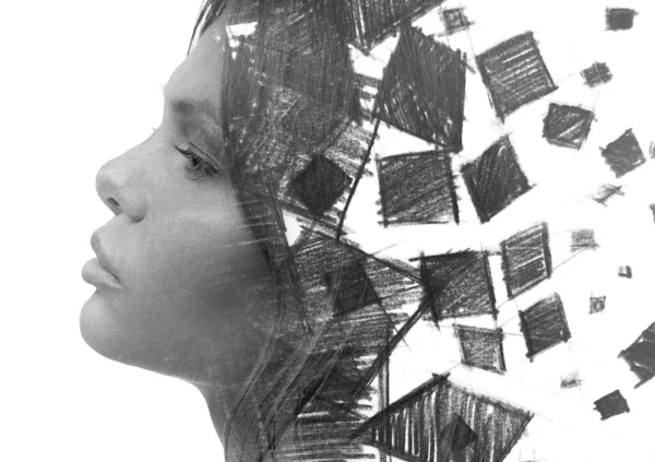A black and white geometrical paintography double exposure of a womans profile against white bakcground — Stok Foto