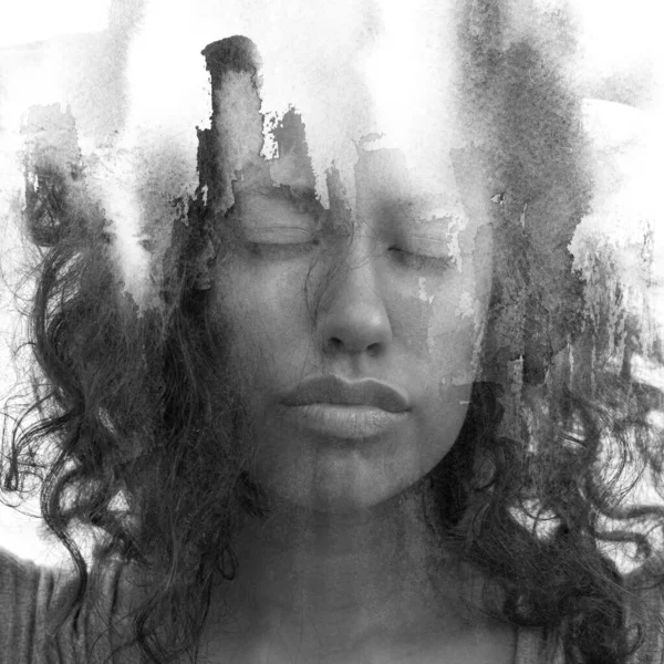 A black and white paintography portrait of a young woman with curly hair and closed eyes — Stock Photo, Image