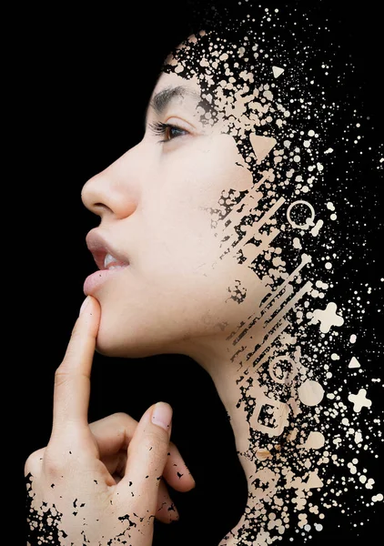 A young woman against black background profile portrait combined with abstract digital illustration — Stock Photo, Image