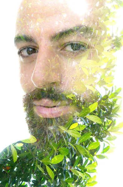 A bearded bold man double exposure portrait close up — Stock Photo, Image