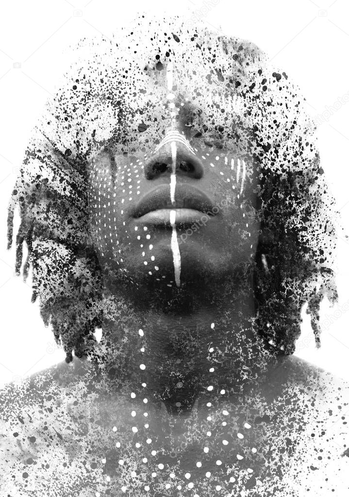 A concept black and white portrait combined with ink and paint splashes