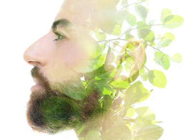 Sakallı, cesur bir adam, iki portreyi yakından gösteriyor. Genç bir ağaç dalının fotoğrafıyla birleştirilmiş.