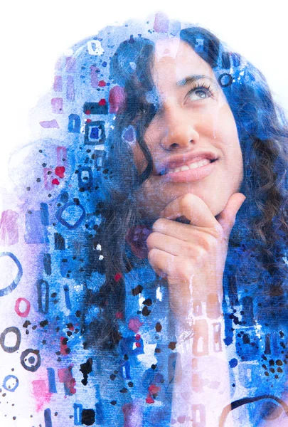 A paintography portrait of a half smiling thoughtful young woman with curly hair holding her chin — Stock Photo, Image