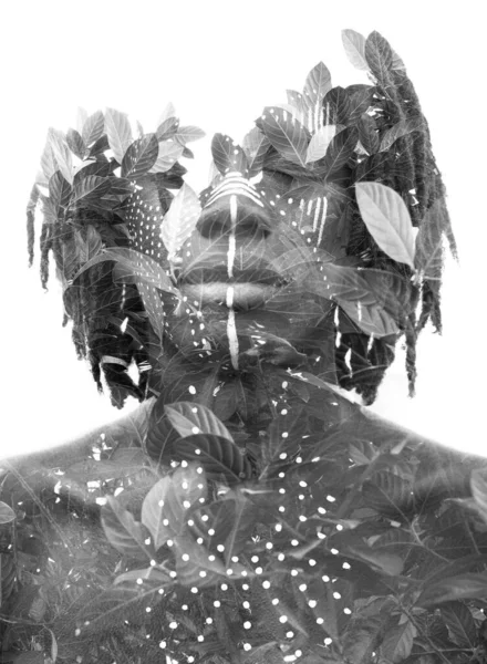 A young mans black and white double exposure portrait — Stock Photo, Image