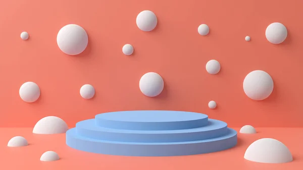 Ilustración 3D de un pedestal azul sobre un fondo naranja. —  Fotos de Stock