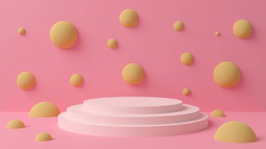 Pembe bir platform ve birçok kürenin 3D çizimi.
