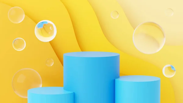 3D ілюстрація синього п'єдесталу на жовтому текстурованому фоні — стокове фото