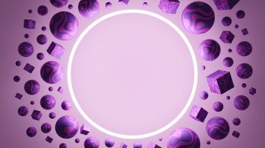 Yuvarlak bir çerçeveyi çevreleyen pembe küreler. 3B Görüntü.