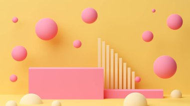 Boş bir platformun 3 boyutlu çizimi ve onu çevreleyen soyut şekiller