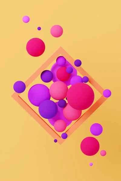 Zwevende bollen in een vierkant frame. 3D illustratie. — Stockfoto