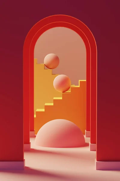 Interior surrealista en paleta de colores cálidos. Ilustración 3D. —  Fotos de Stock