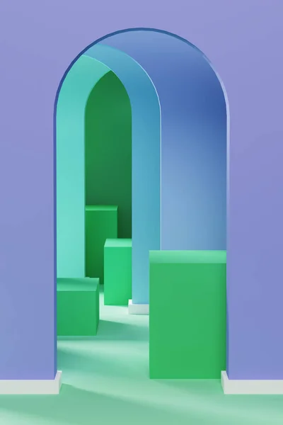 3D illustratie van paarse bogen en groene blokjes — Stockfoto