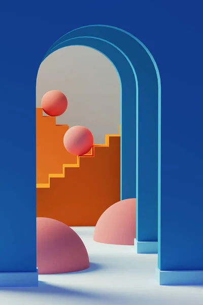 Arcos azules, esferas y escaleras. Ilustración 3D —  Fotos de Stock