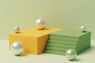 Bir ürün için platforma çıkan merdivenlerin 3 boyutlu çizimi