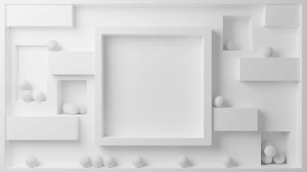 Ilustração 3D de um labirinto branco e esferas em torno de uma moldura — Fotografia de Stock