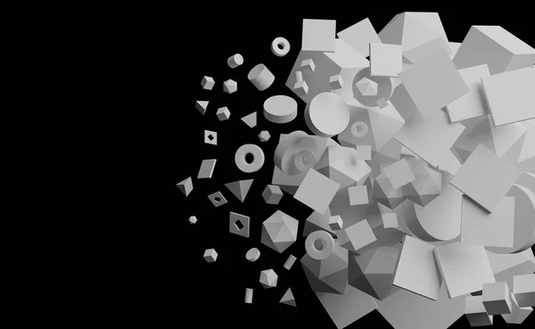 Αφηρημένα γεωμετρικά σχήματα τοποθετημένα σε ένα χαοτικό μοτίβο. 3D απεικόνιση — Φωτογραφία Αρχείου