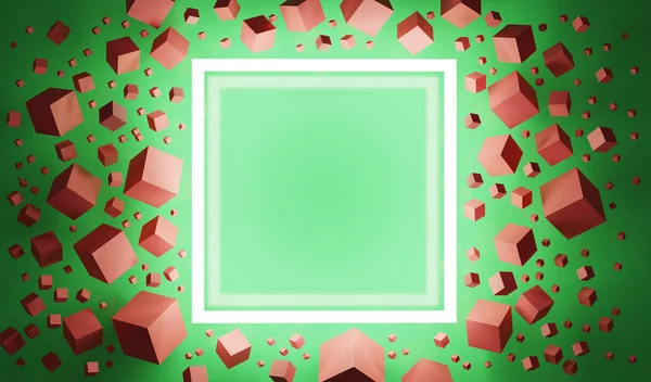 Glowing frame, floating red cubes, green background. 3D illustration — Stock Photo, Image