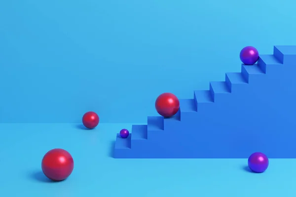 Escalier bleu et sphères rouges. Illustration 3D — Photo