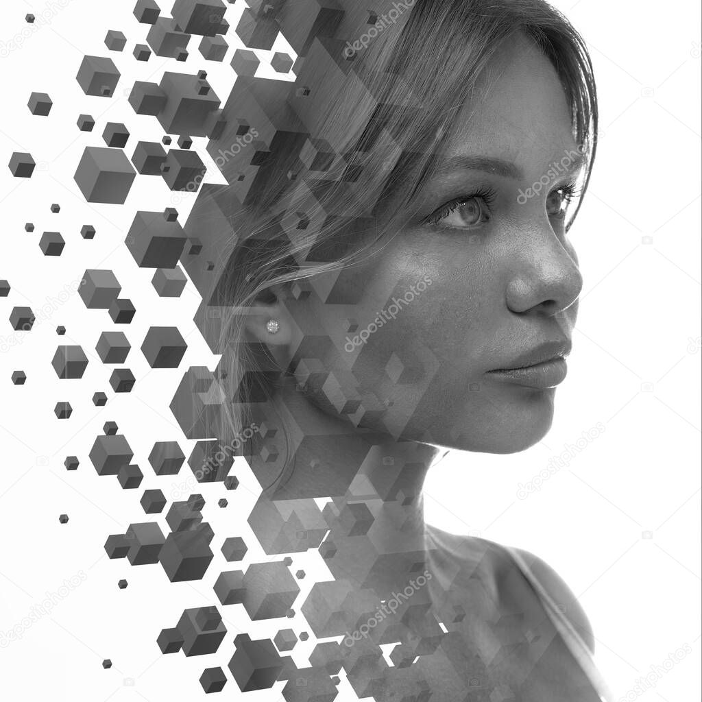 Black and white portrait combined with a digital illustration