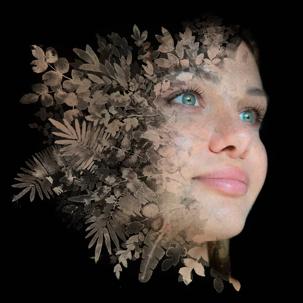 Detailed hand painted flowers combined with a portrait of young lady — Stock Photo, Image