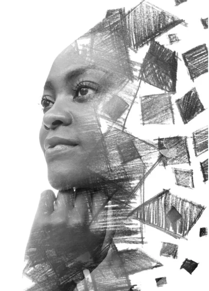 Paintography. Абстрактний малюнок олівцем в поєднанні з портретом привабливої афро-американської жінки. — стокове фото