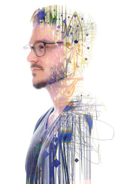 Paintografi. Uzağa bakan sakallı bir gencin portresi.