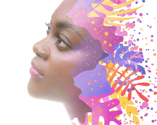 Stylish portrait of young African American woman combined with a colorful image of nature — Stock Photo, Image