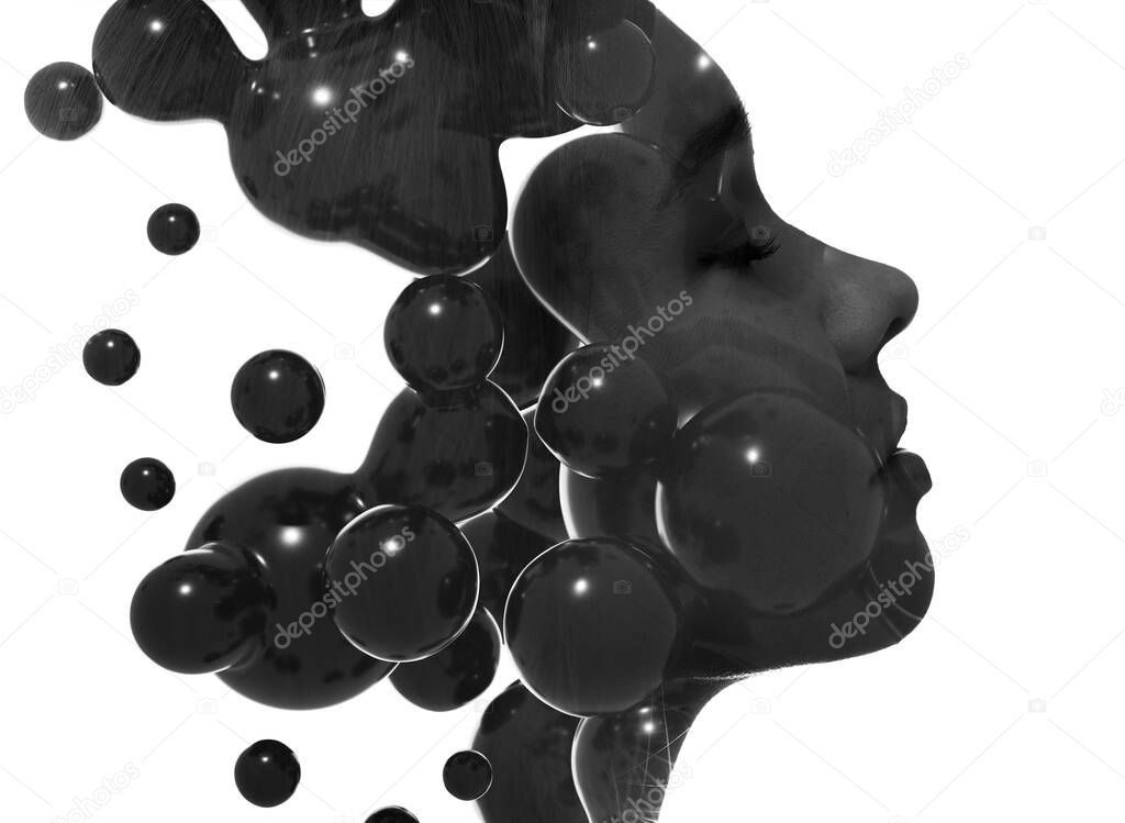 Double exposure technique.Portrait of a woman combined with an abstract 3D shape