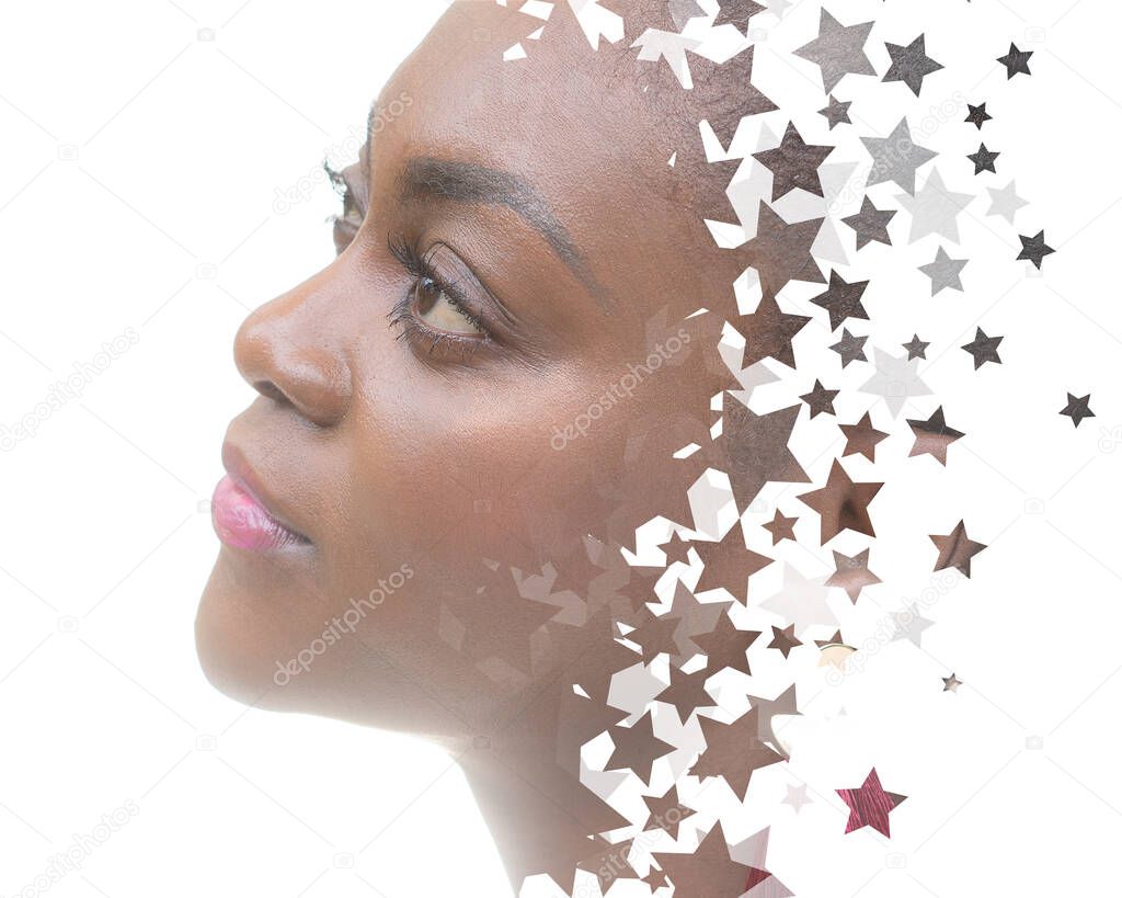 A portrait of an African American woman combined with countless stars