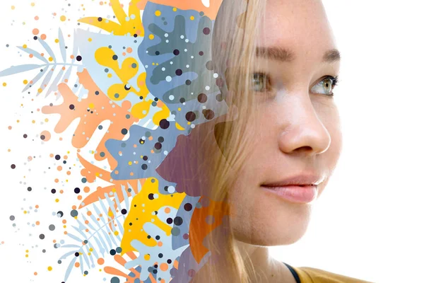 Closeup portrait of young lady combined with a colorful digital image of plants — Stock Photo, Image